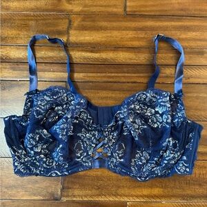 Cacique Unlined Wired Balconette Bra 46DD Blue Lace Shimmer Bow
